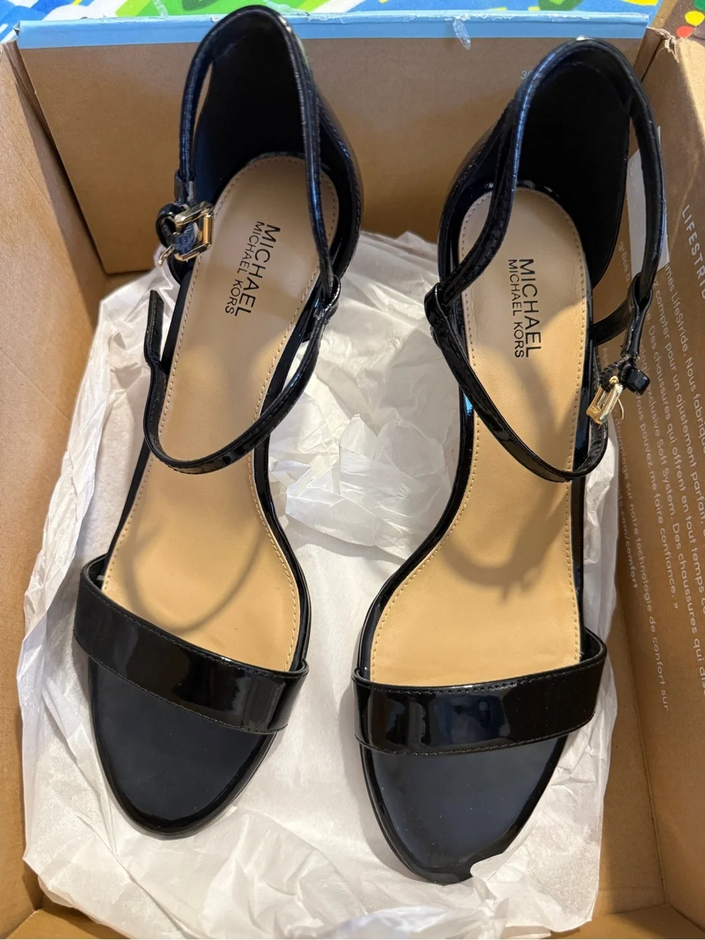Michael Kors Black Patent Leather Ankle-Strap Heels, size 8M
